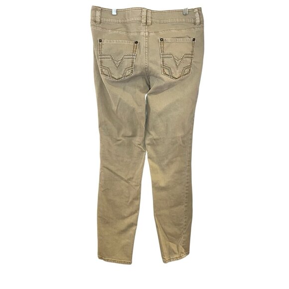 Cache Y2K Jeans Size 6 Tan Chestnut Mid Rise Skinny Ankle Crop Rhinestone Button - Picture 2 of 6